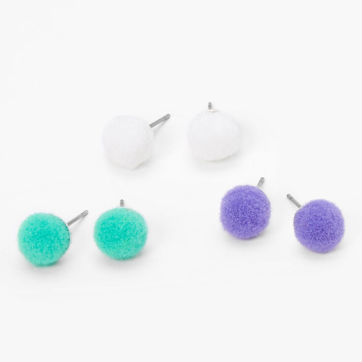 Fuzzy Pom Pom Stud Earrings - 3 Pack,