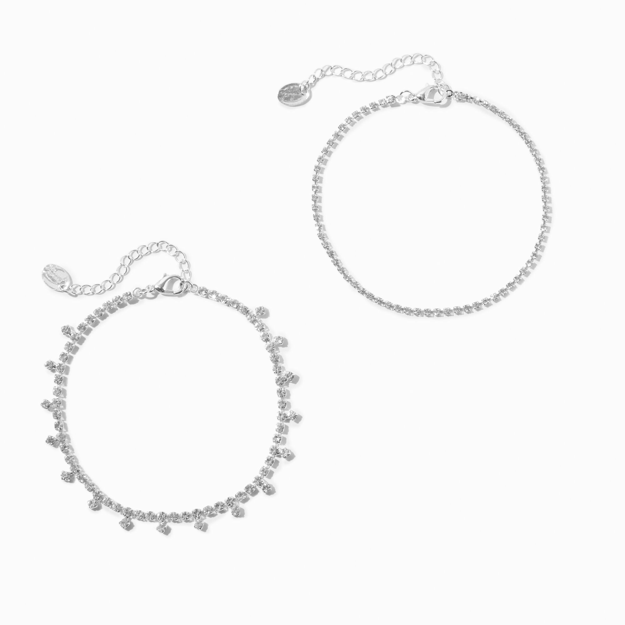 View Claires Tone Crystal Drip Cup Chain Anklets 2 Pack Silver information