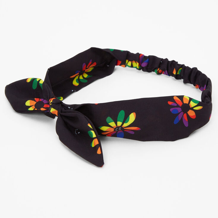 Silky Black Rainbow Daisy Knotted Headwrap,