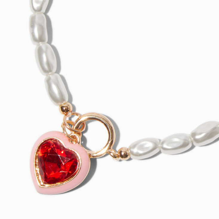 Pearl &amp; Red Heart Charm Bracelet,