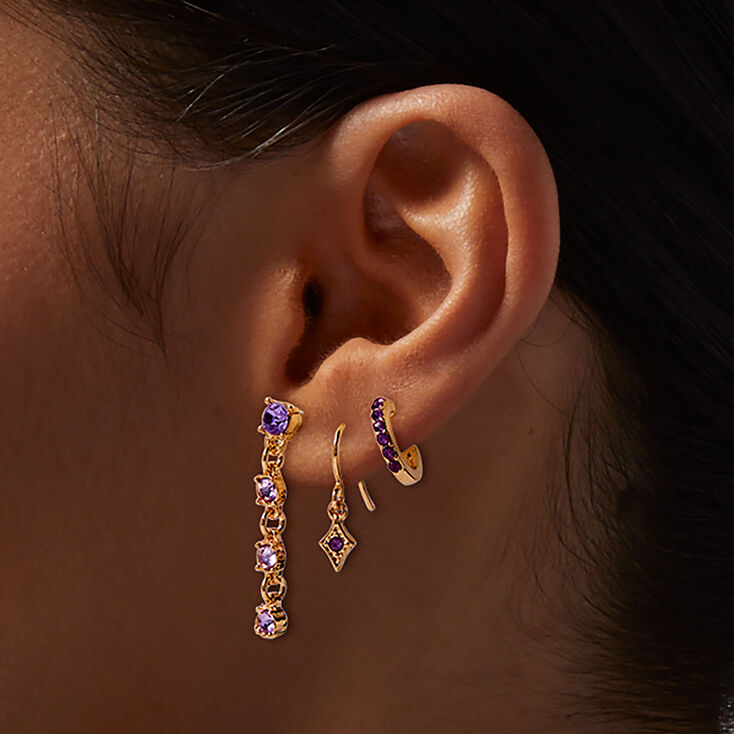 Gold-tone Purple Crystal Earring Stackables Set - 3 Pack,