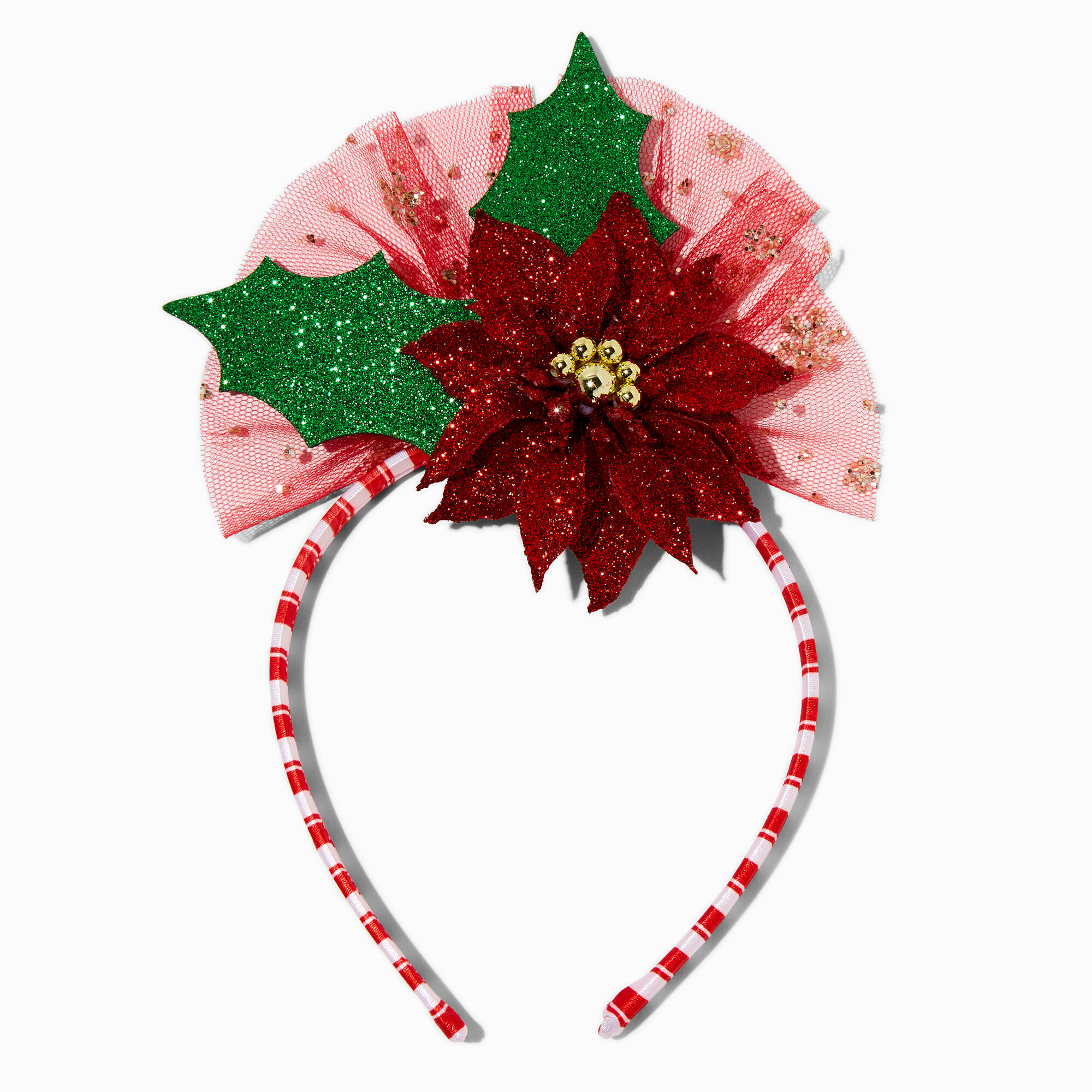 View Claires Glitter Poinsettia Holiday Headband Red information