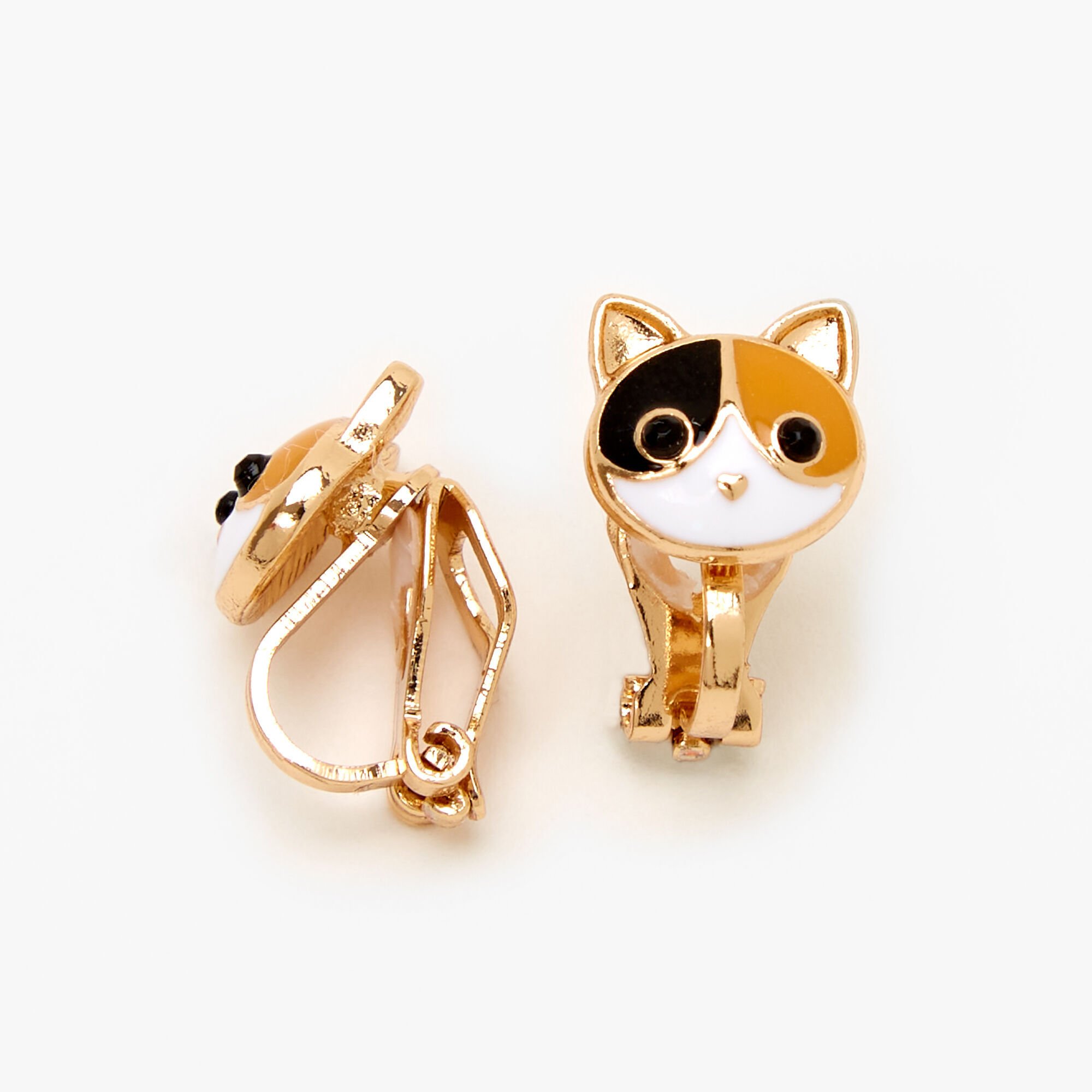 View Claires Calico Cat Clip On Earrings Gold information