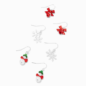 Christmas Snowflake, Bow, and Snowman Drop Earrings - 3 Pack,