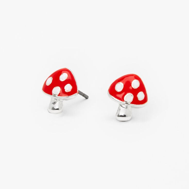 Clous d&#39;oreilles champignons couleur argent&eacute;e et rouges,