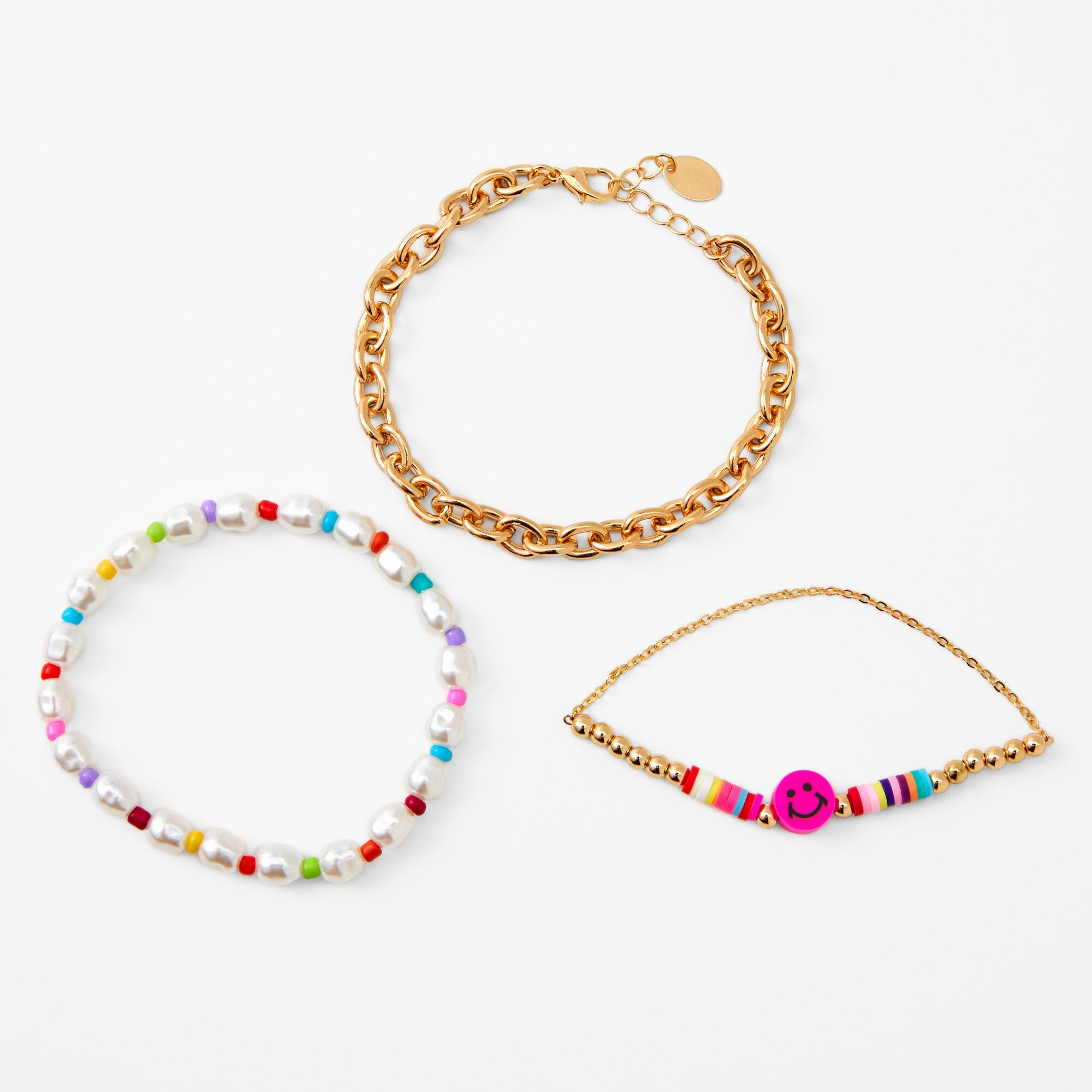 Gold Beaded Happy Face Bracelet Set - 3 Pack,