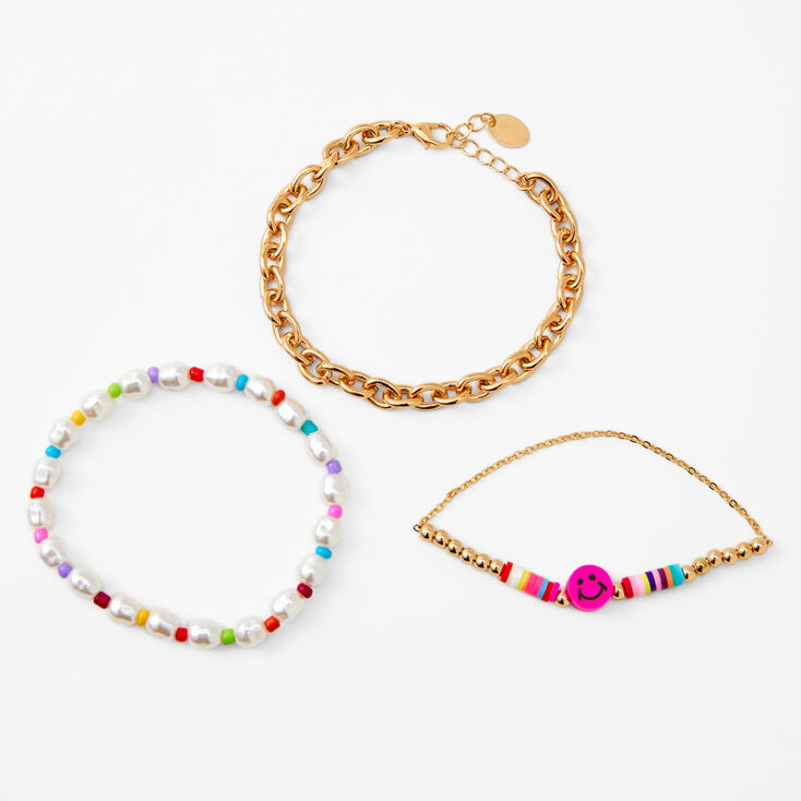 Gold Beaded Happy Face Bracelet Set - 3 Pack,