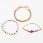 Gold Beaded Happy Face Bracelet Set - 3 Pack,