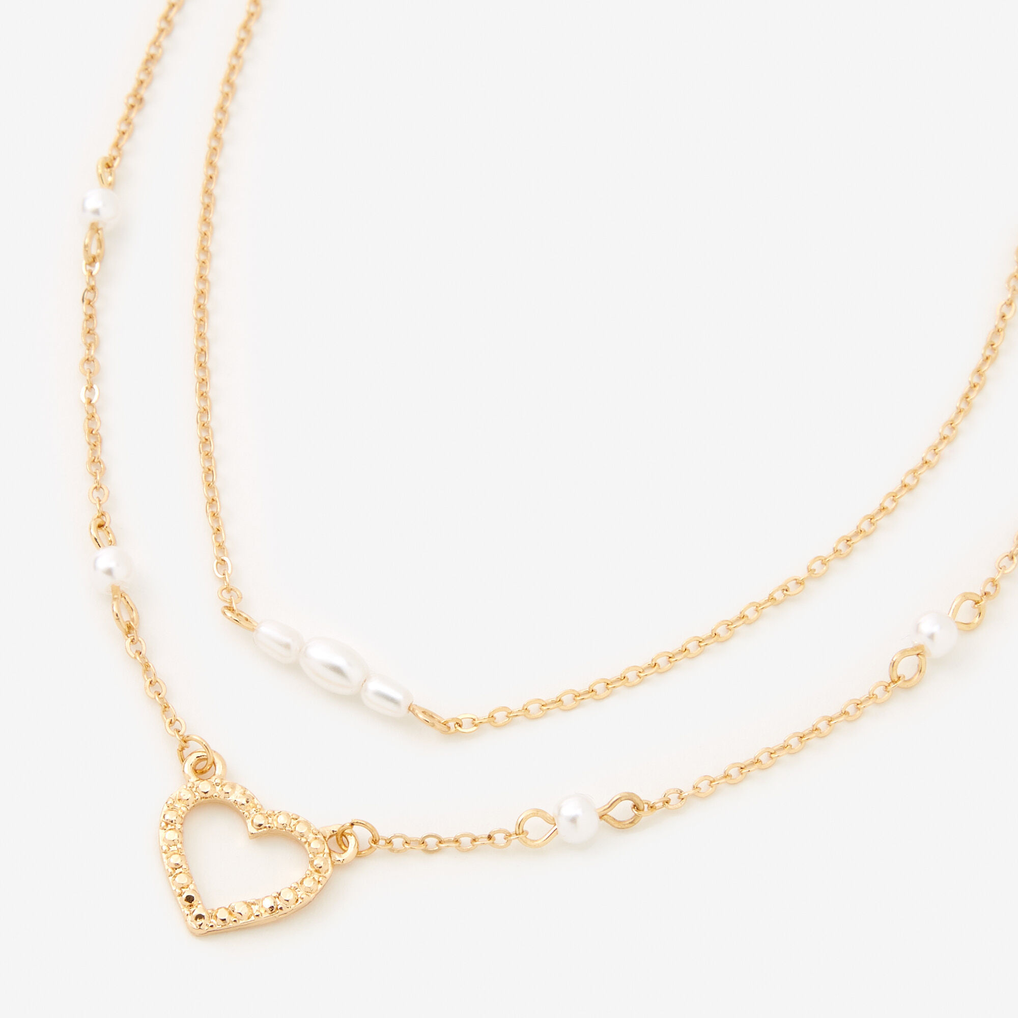 Gold Open Heart and Pearl Multi Strand Necklace