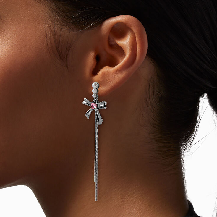 Pearl &amp; Pink Heart Bow Drop Earrings,
