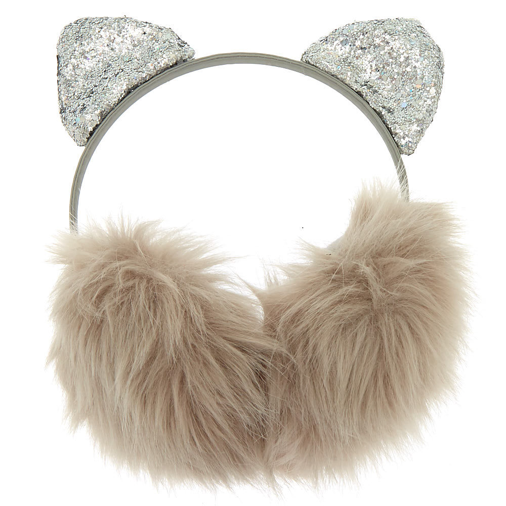 Furry Glitter Cat Ears Ear Muffs - Gray,