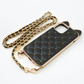 Black Cat Quilted Phone Case with Gold Chain - Fits iPhone&reg; 12/12 Pro,