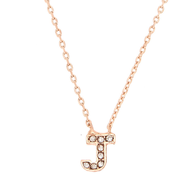 Rose Gold Embellished Initial Pendant Necklace - J,