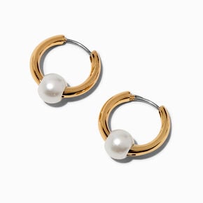 Pearl Bead Gold-tone 15MM Huggie Hoop Earrings,