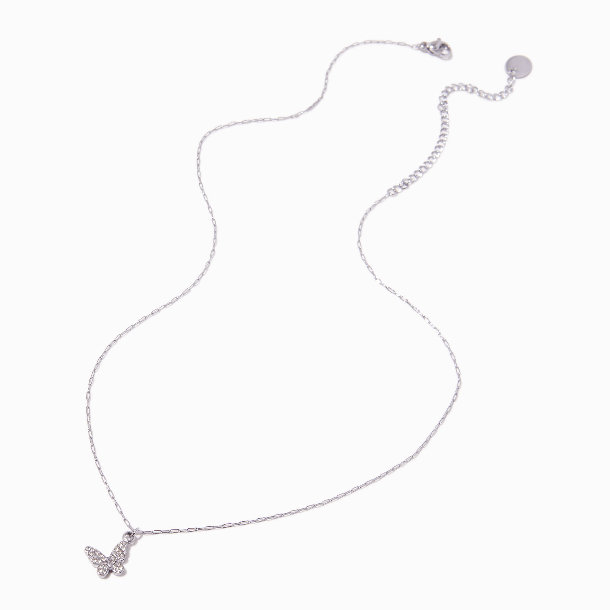 Silver-tone Stainless Steel Pavé Butterfly Pendant Necklace,
