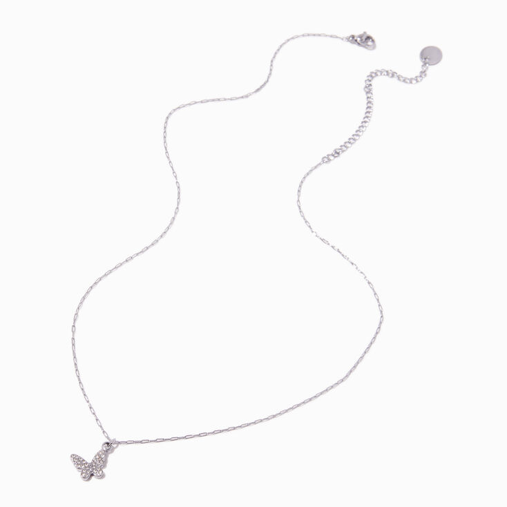 Silver-tone Stainless Steel Pav&eacute; Butterfly Pendant Necklace,