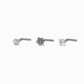 Silver-tone Stainless Steel Cubic Zirconia 20G Flower, Heart &amp; Star Nose Studs - 3 Pack,