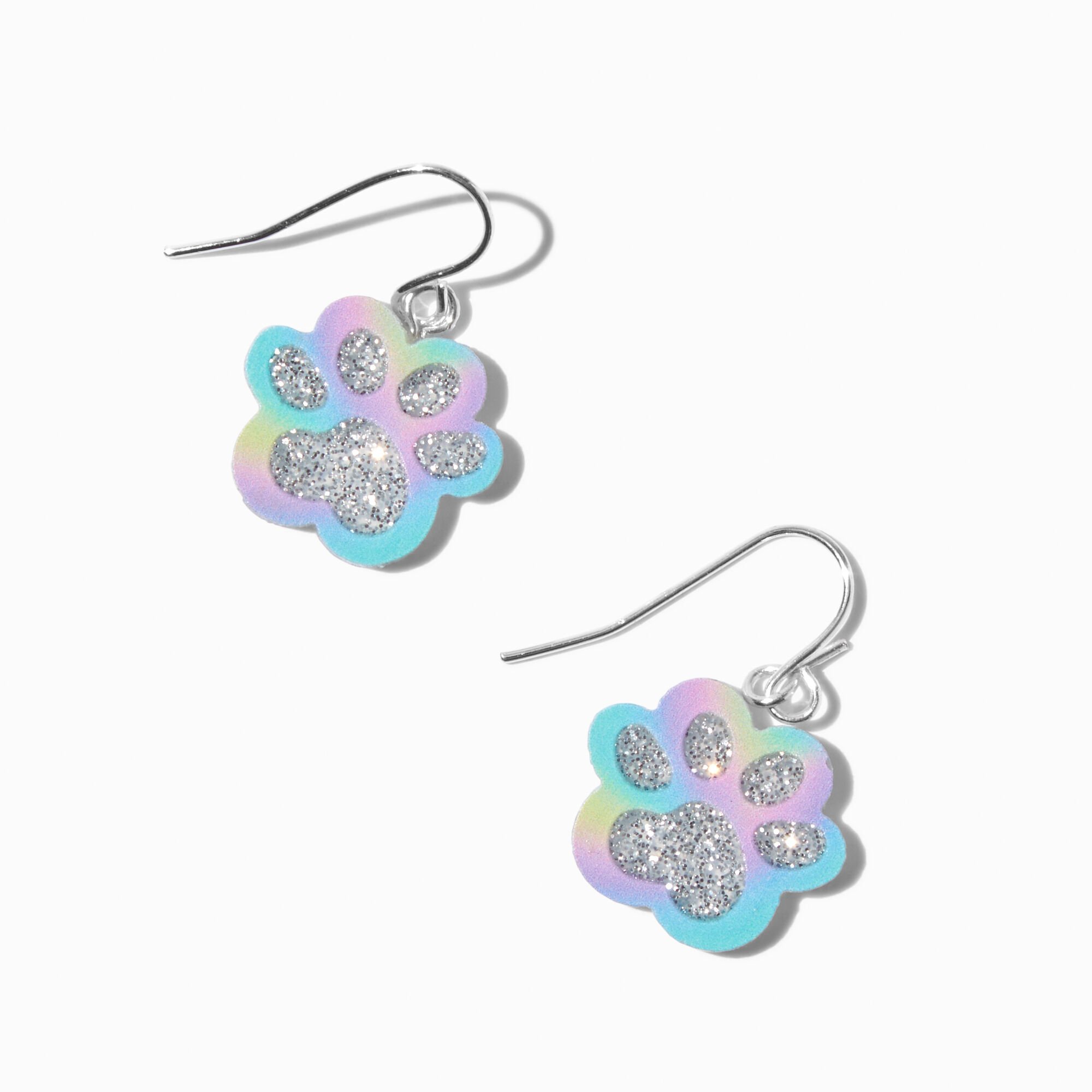 View Claires Rainbow Glitter Paw 05 Drop Earrings Silver information