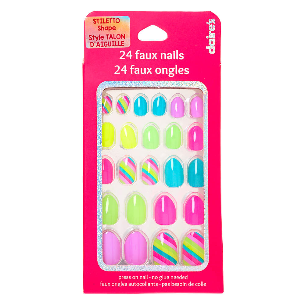 Candy Stripe Stiletto Press On Faux Nail Set - Rainbow, 24 Pack,