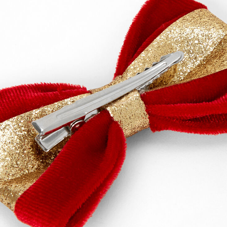 Gold Glitter Velvet Hair Bow Clip - Red,