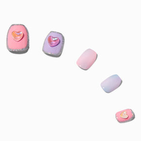 Pastel Gemstone Hearts Square Vegan Press On Faux Nail Set - 24 Pack,