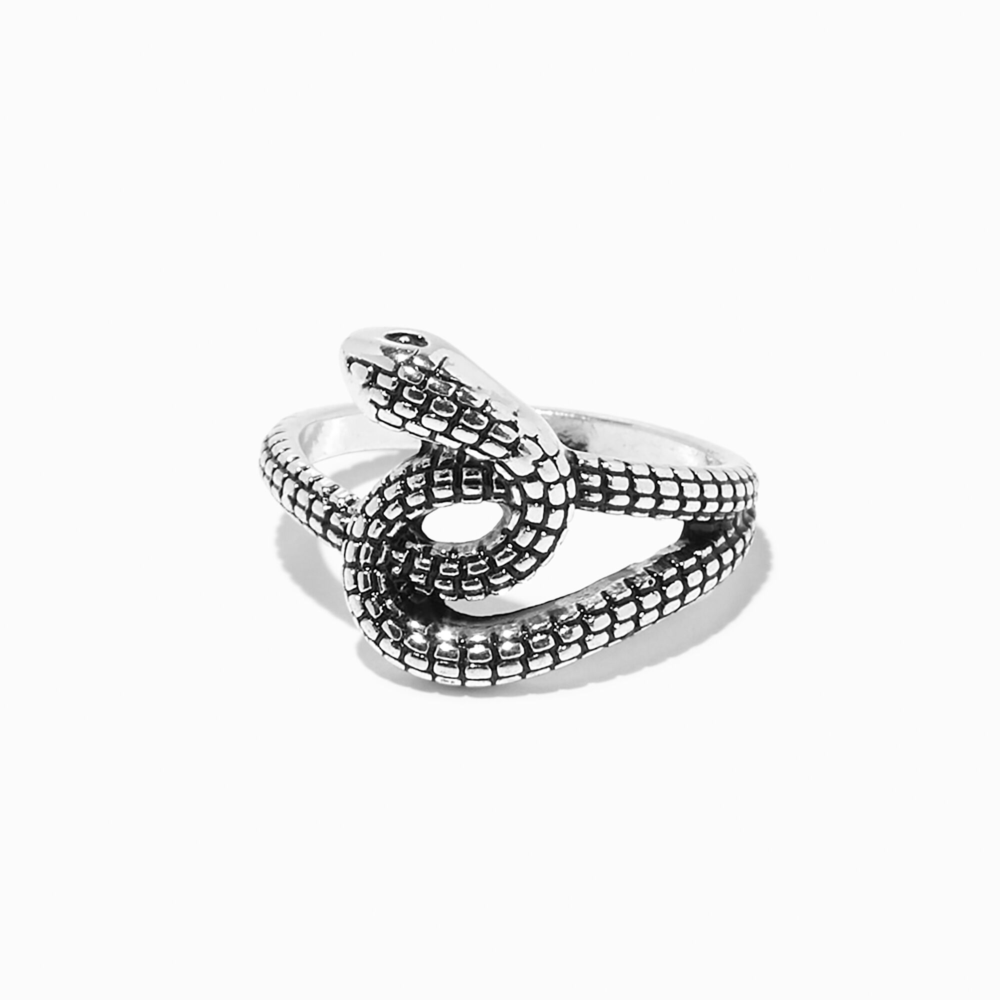 View Claires Burnished Textured Snake Knot Ring Silver information