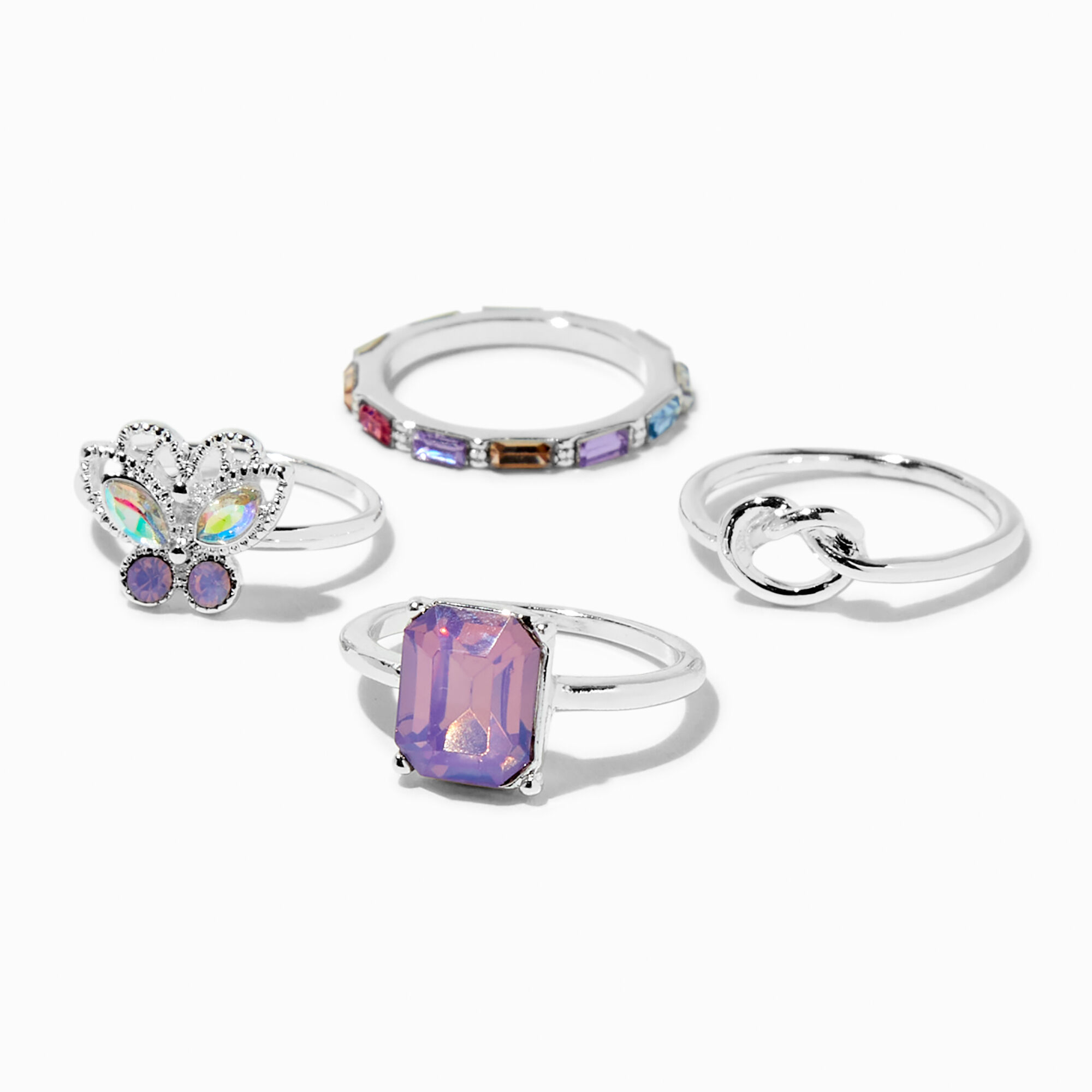 View Claires SilverTone Rainbow Ab Ring Set 4 Pack Purple information