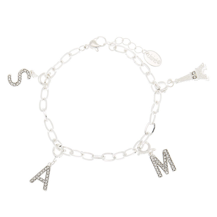 Silver Embellished Initial Bracelet Charm - C,