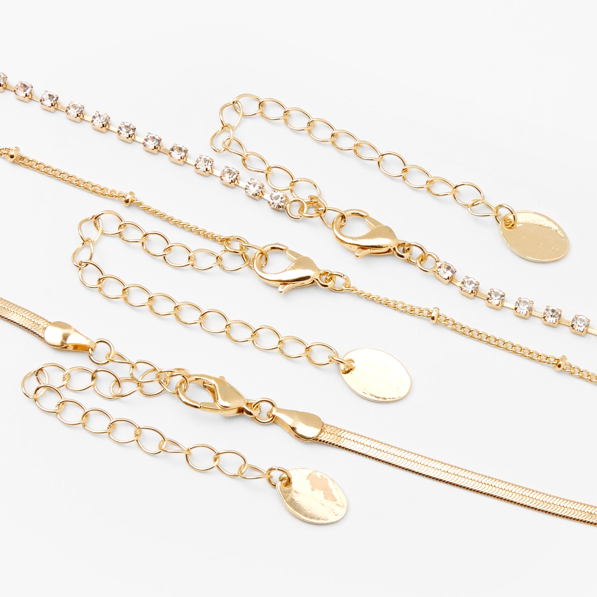 Gold Beaded, Rhinestone & Snake Chain Necklaces - 3 Pack,