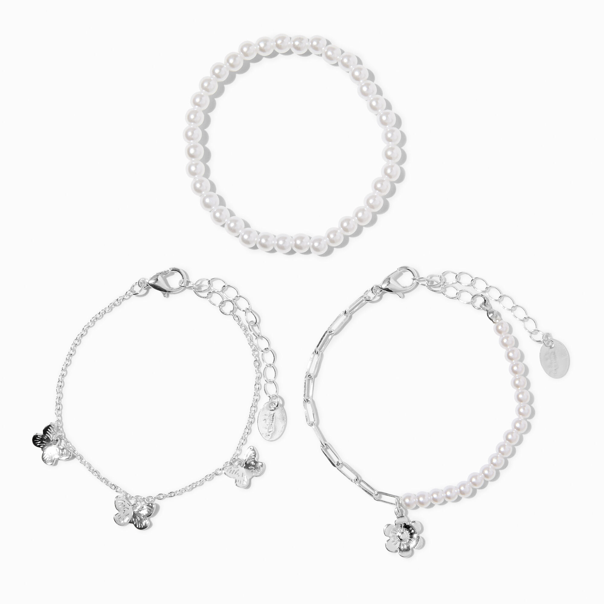 Claire's Club Silver Pearl Butterfly Chain Bracelets - 3 Pack,