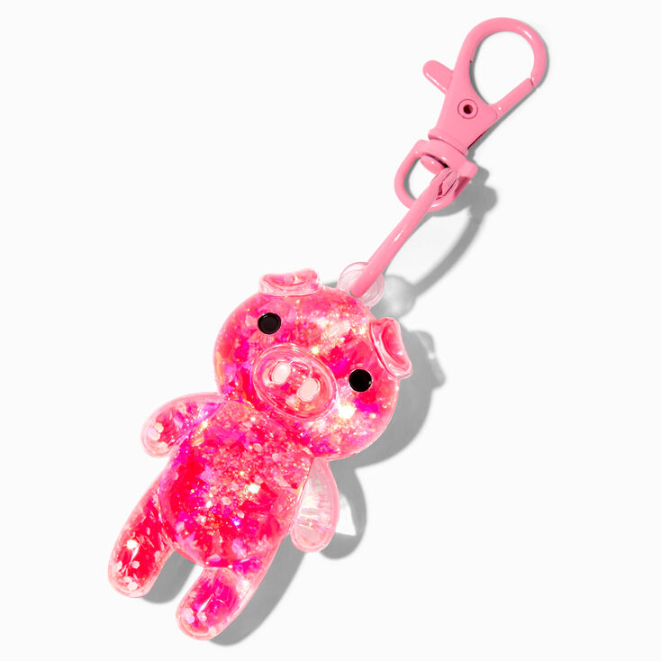 Porte-cl&eacute;s &agrave; paillettes rempli d&rsquo;eau cochon rose,