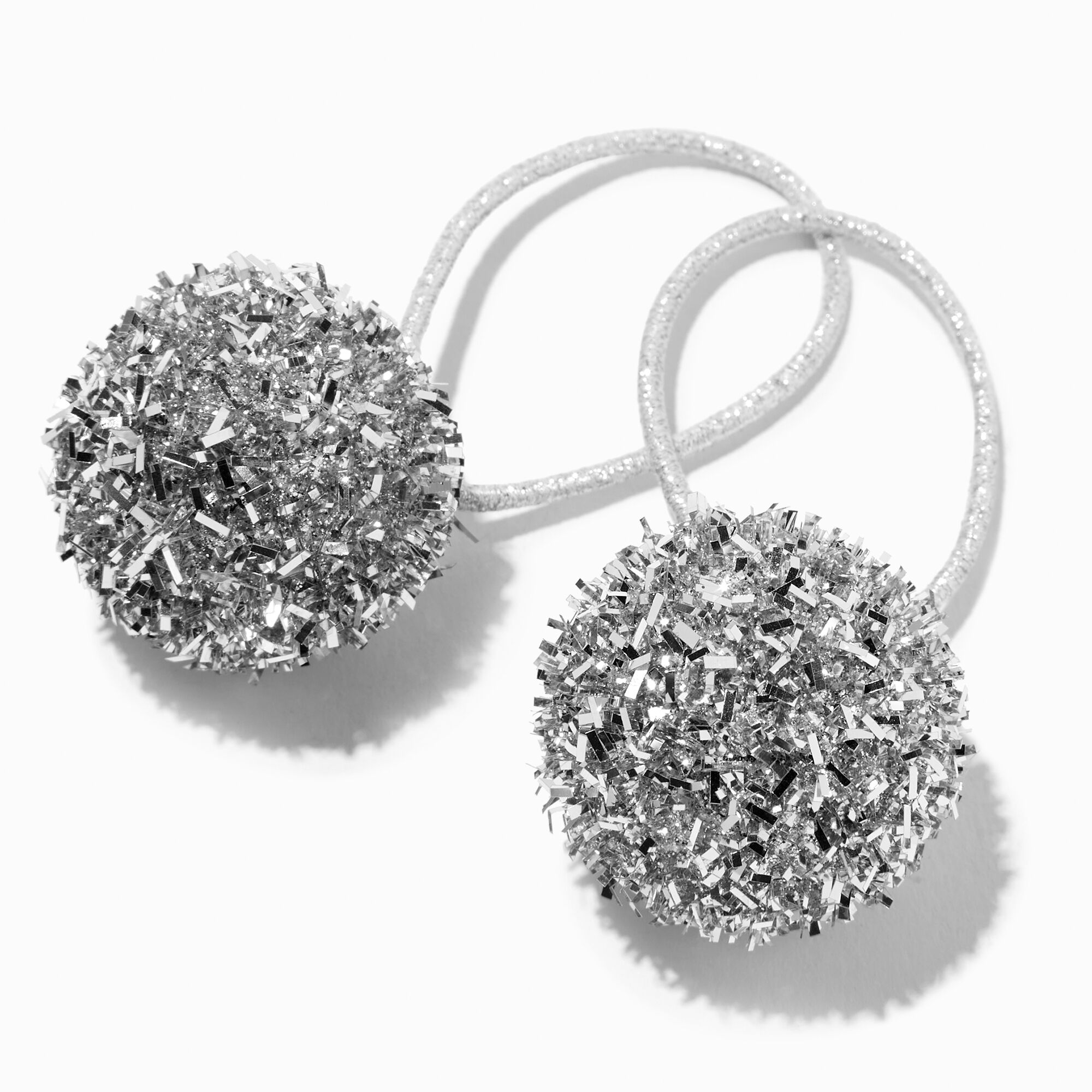 View Claires Tinsel Pom Hair Ties 2 Pack Silver information