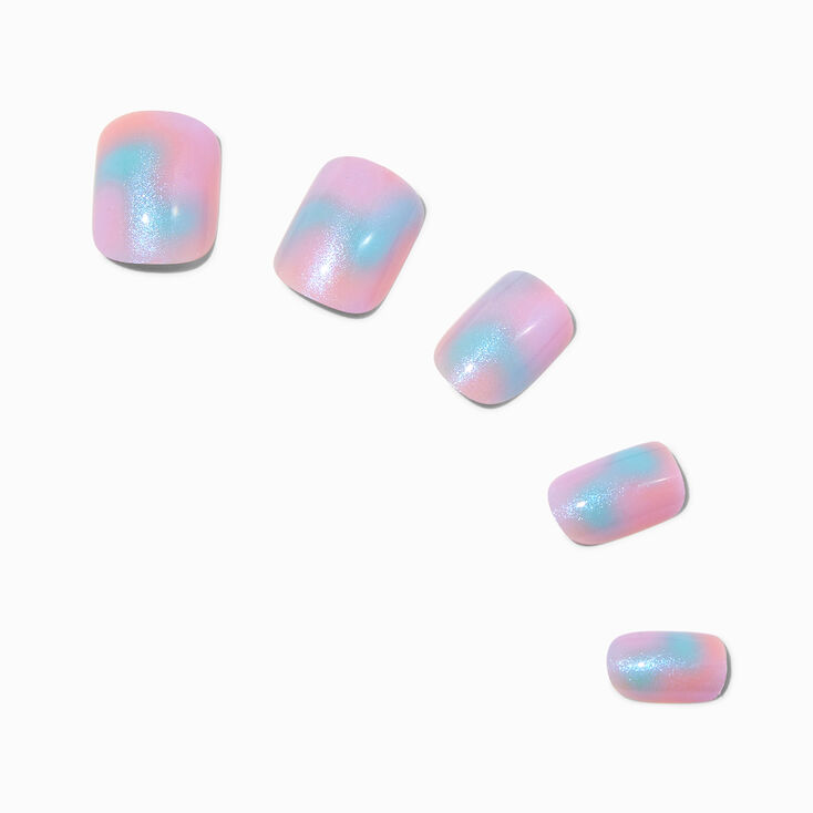 Holographic Glazed Short Square Vegan Faux Nail Set - 24 Pack,