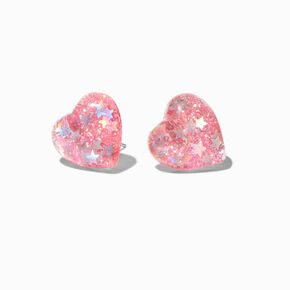 Pink Glitter Heart Stud Earrings,