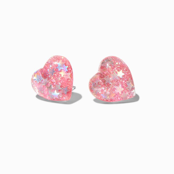 Clous d&#39;oreilles &agrave; c&oelig;ur rose &agrave; paillettes,