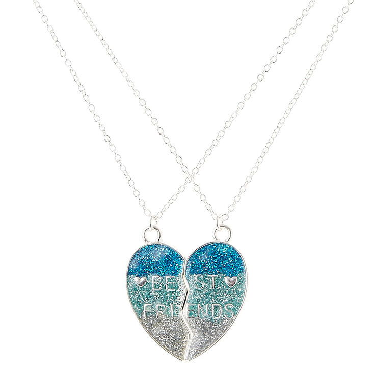 Best Friends Blue Glitter Spilt Heart Pendant Necklaces,