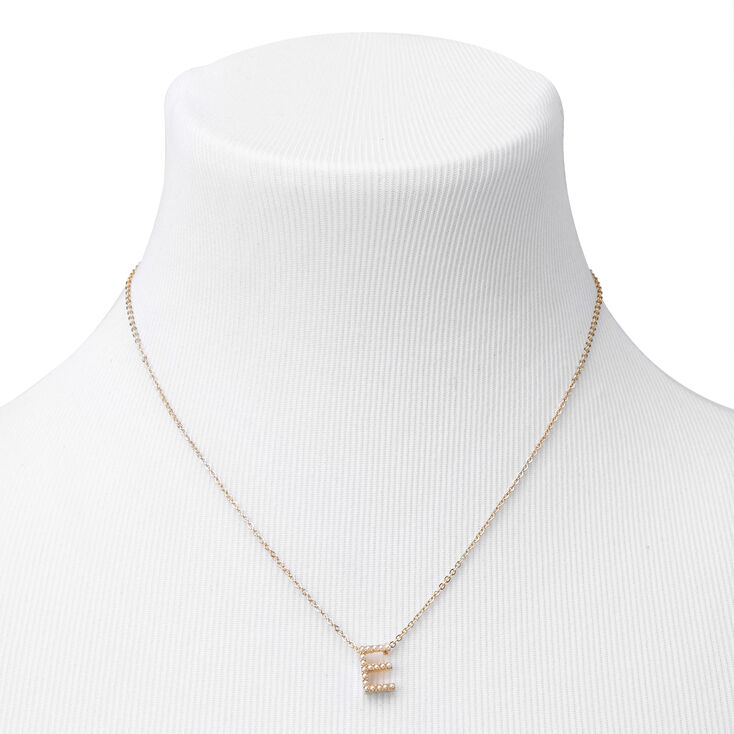 Gold Pearl Initial Chain Necklace - E,