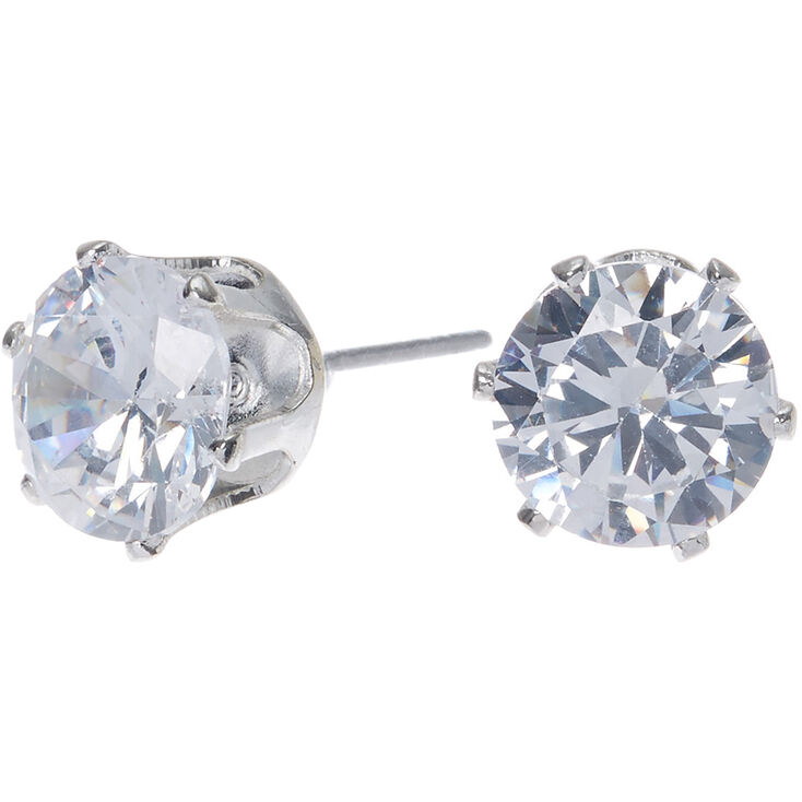 Silver-tone Cubic Zirconia 8MM Round Stud Earrings,