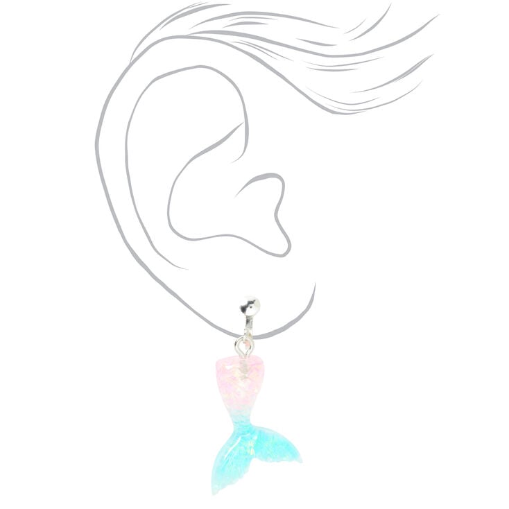 Silver 1.5&quot; Pastel Mermaid Tail Clip On Drop Earrings,