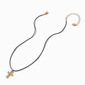 Collier &agrave; pendentif cordelette noire croix textur&eacute;e couleur dor&eacute;e,