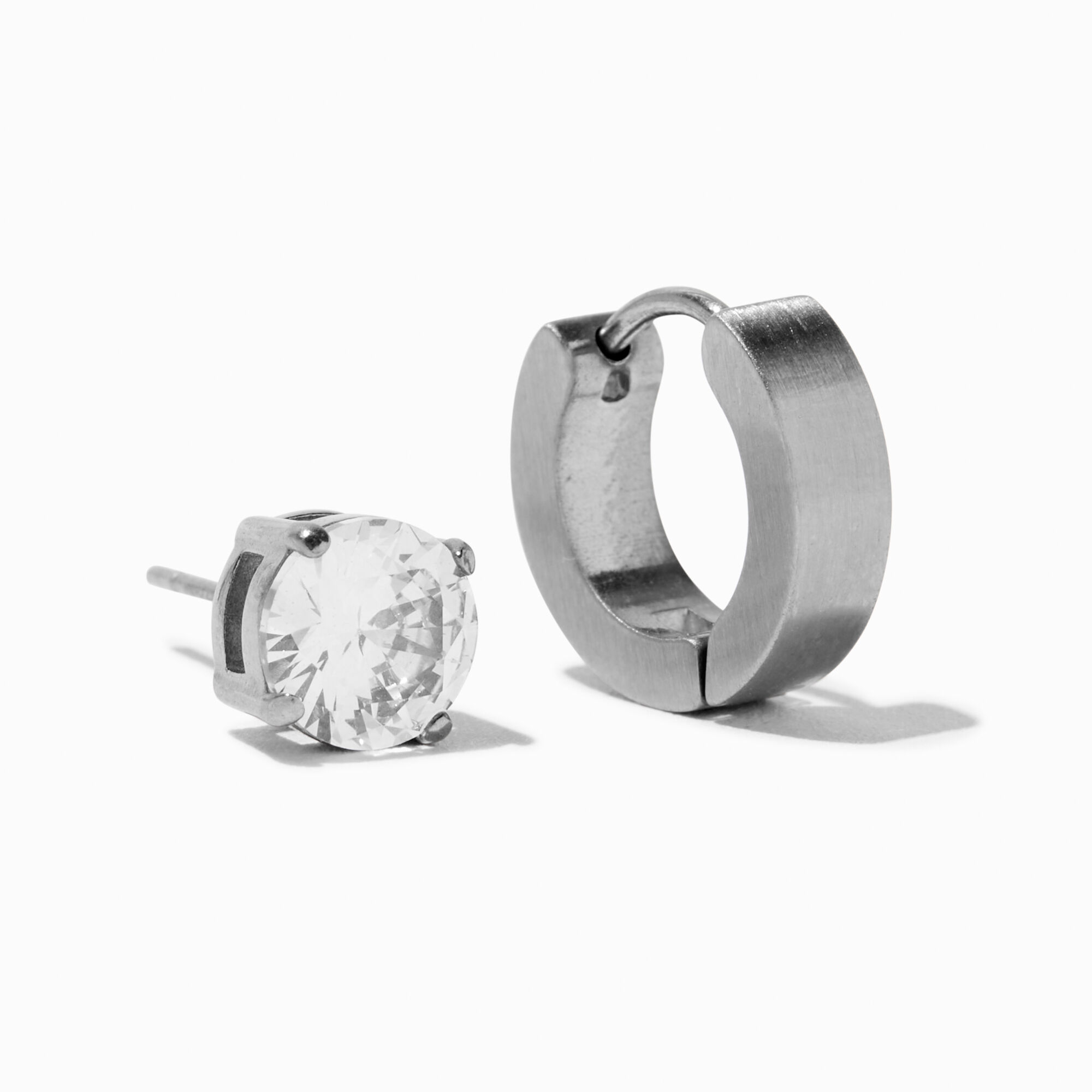 View Claires Tone Stainless Steel Huggie Hoop 7MM Cubic Zirconia Round Stud Earrings Silver information