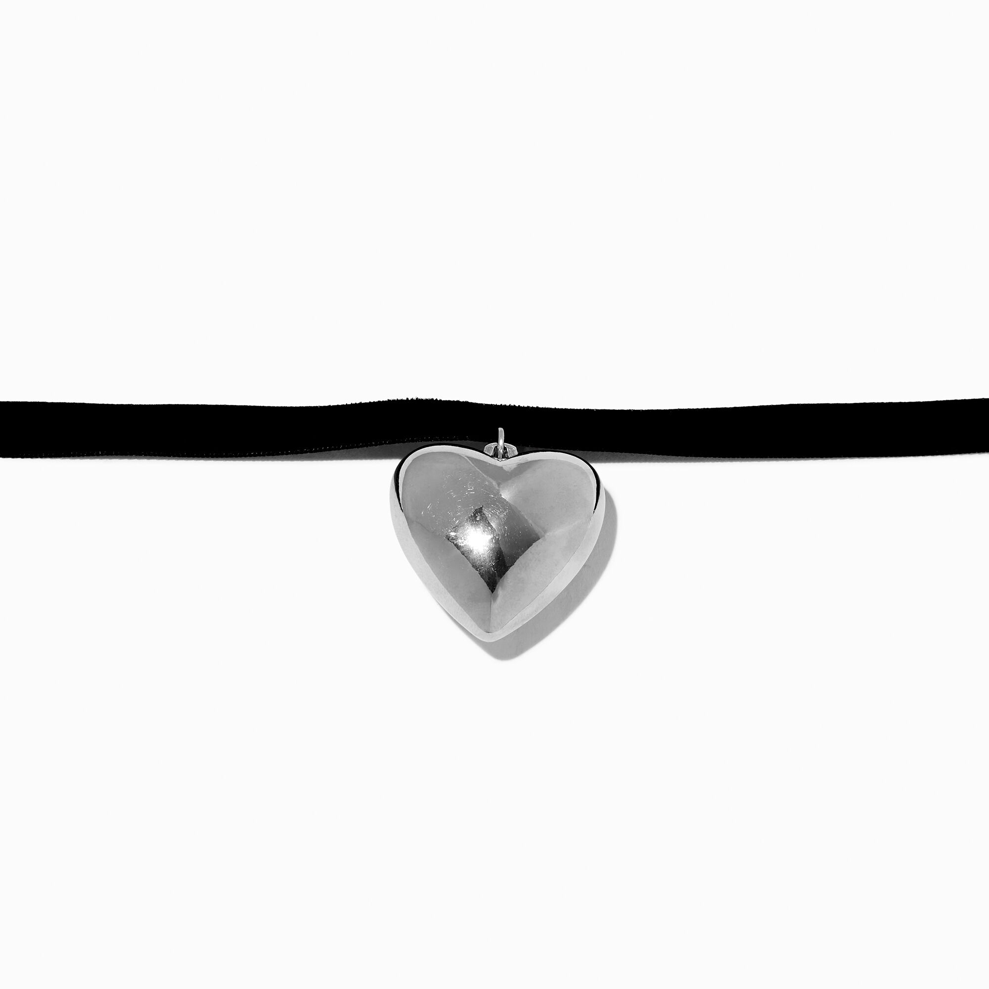 Puffy Silver-tone Heart Black Velvet Choker Necklace,