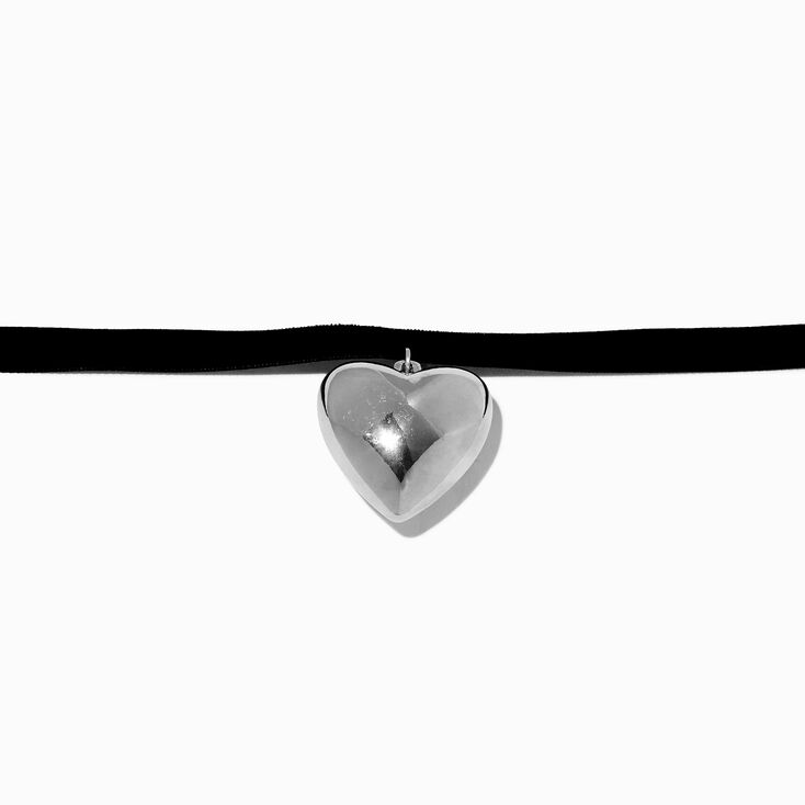 Puffy Silver-tone Heart Black Velvet Choker Necklace,