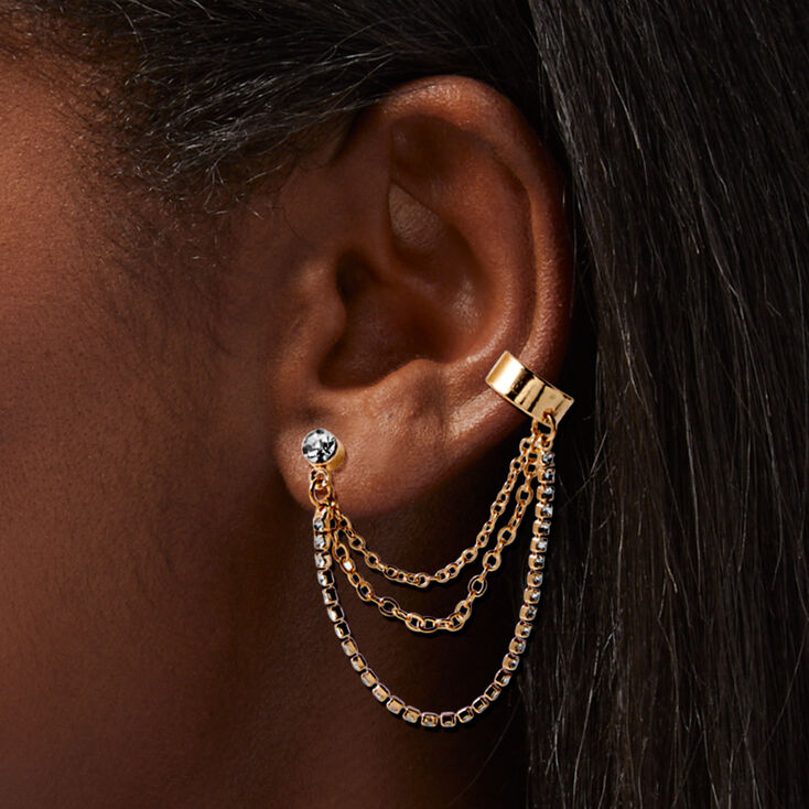 Gold-tone Crystal Swag Cuff Connector Earrings,