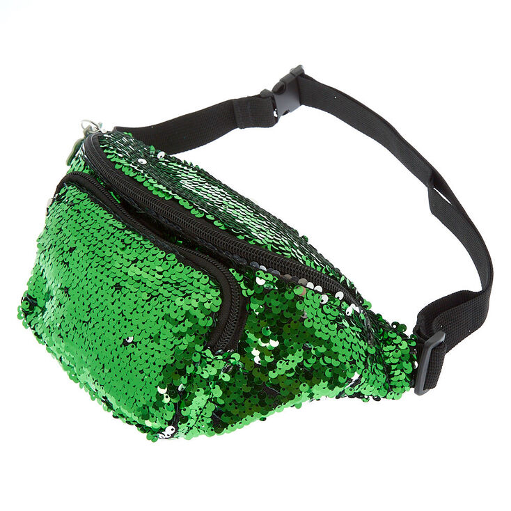 Sac banane vert avec tr&egrave;fle et sequins r&eacute;versibles,