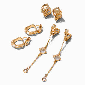 Gold-tone Faux Crystal Assorted Clip-On Earrings - 3 Pack ,