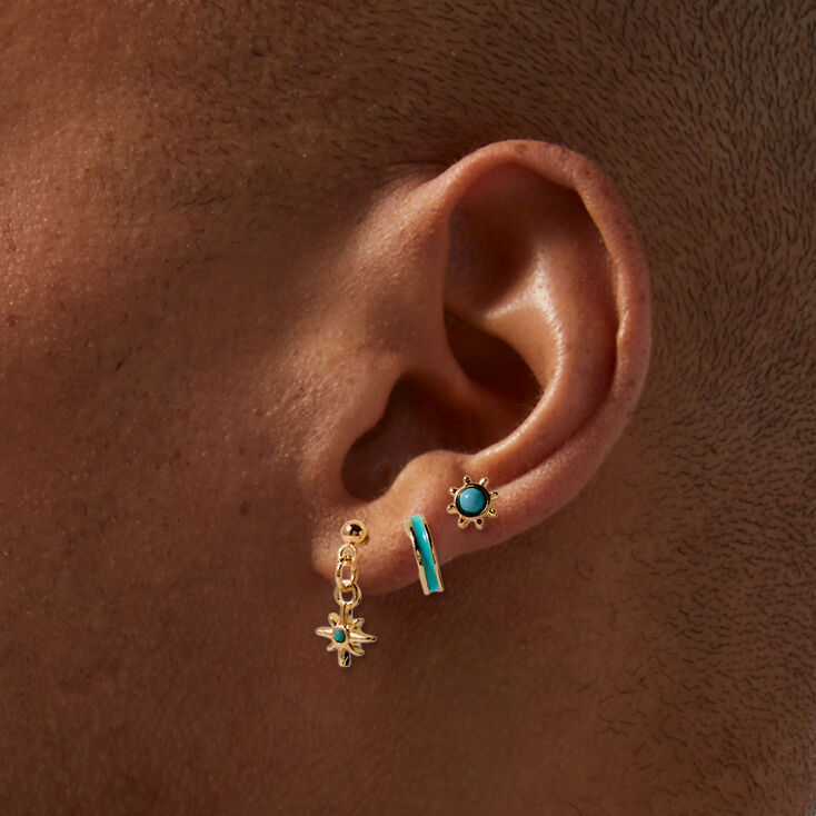 Superposition de boucles d&#39;oreilles vari&eacute;es couleur dor&eacute;e et turquoise d&#39;imitation - Lot de 3,