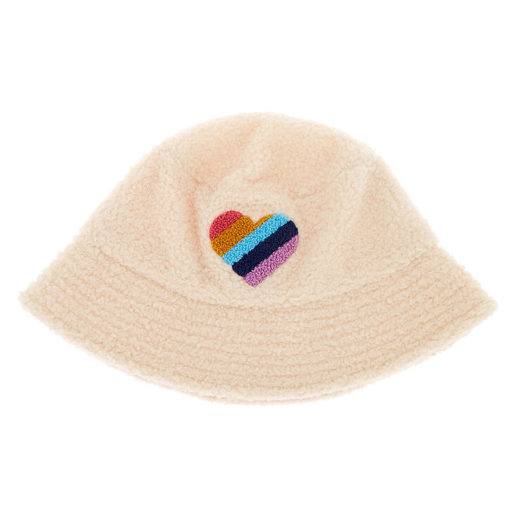 Sherpa Rainbow Heart Bucket Hat - Cream,