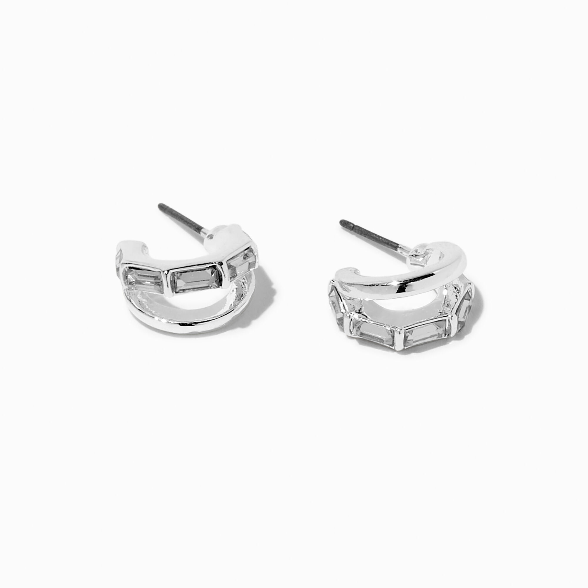 View Claires Crystal Baguette Tone Double Hoop Earrings Silver information