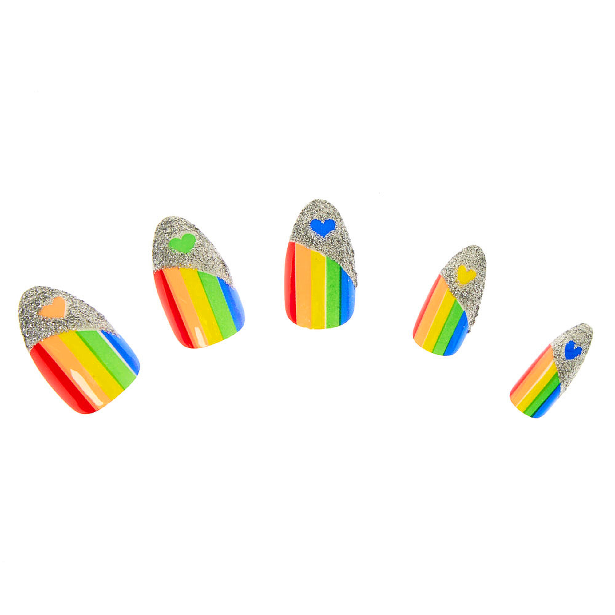 Striped Rainbow Glitter Heart Stiletto Faux Nail Set 24 Pack Claire S Us